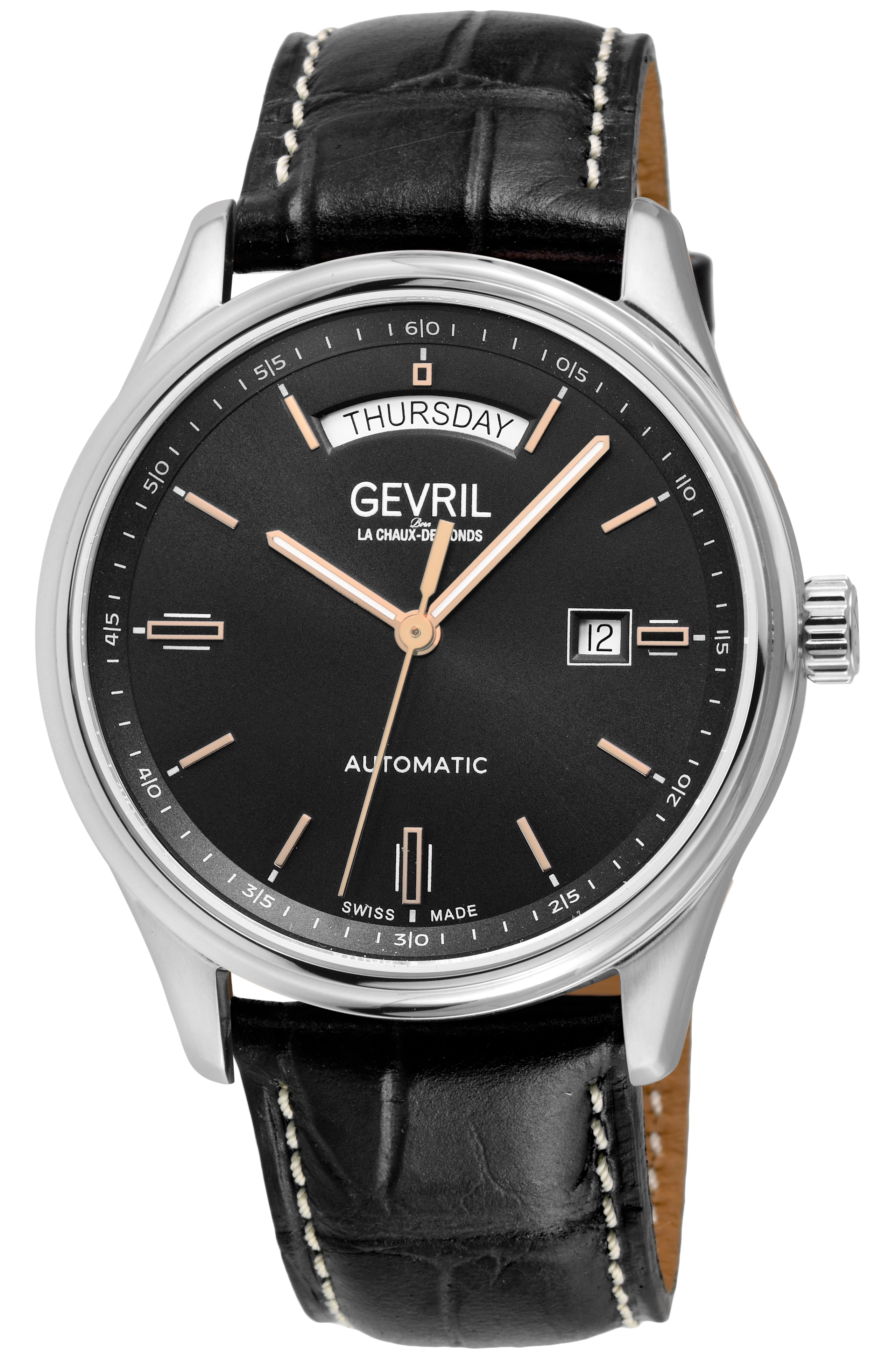 Gevril Mens Excelsior 48200 Swiss Automatic SW240 Watch - Black Leather - One Size | Gevril Sale | Discount Designer Brands