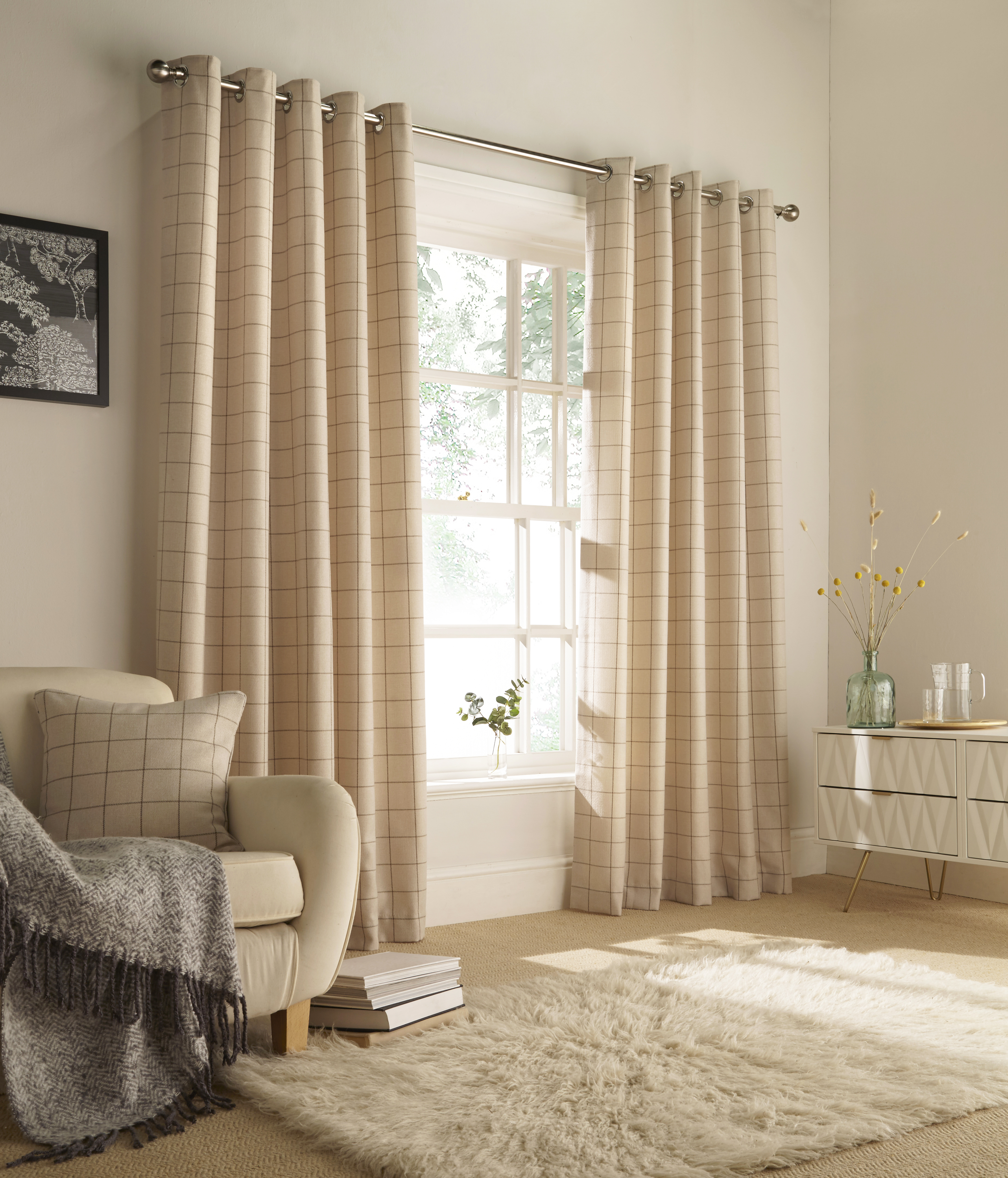 furn. Ellis Windowpane Check Eyelet Curtains in Natural - Size 229 cm x 137 cm | furn. Sale | Discount Designer Brands