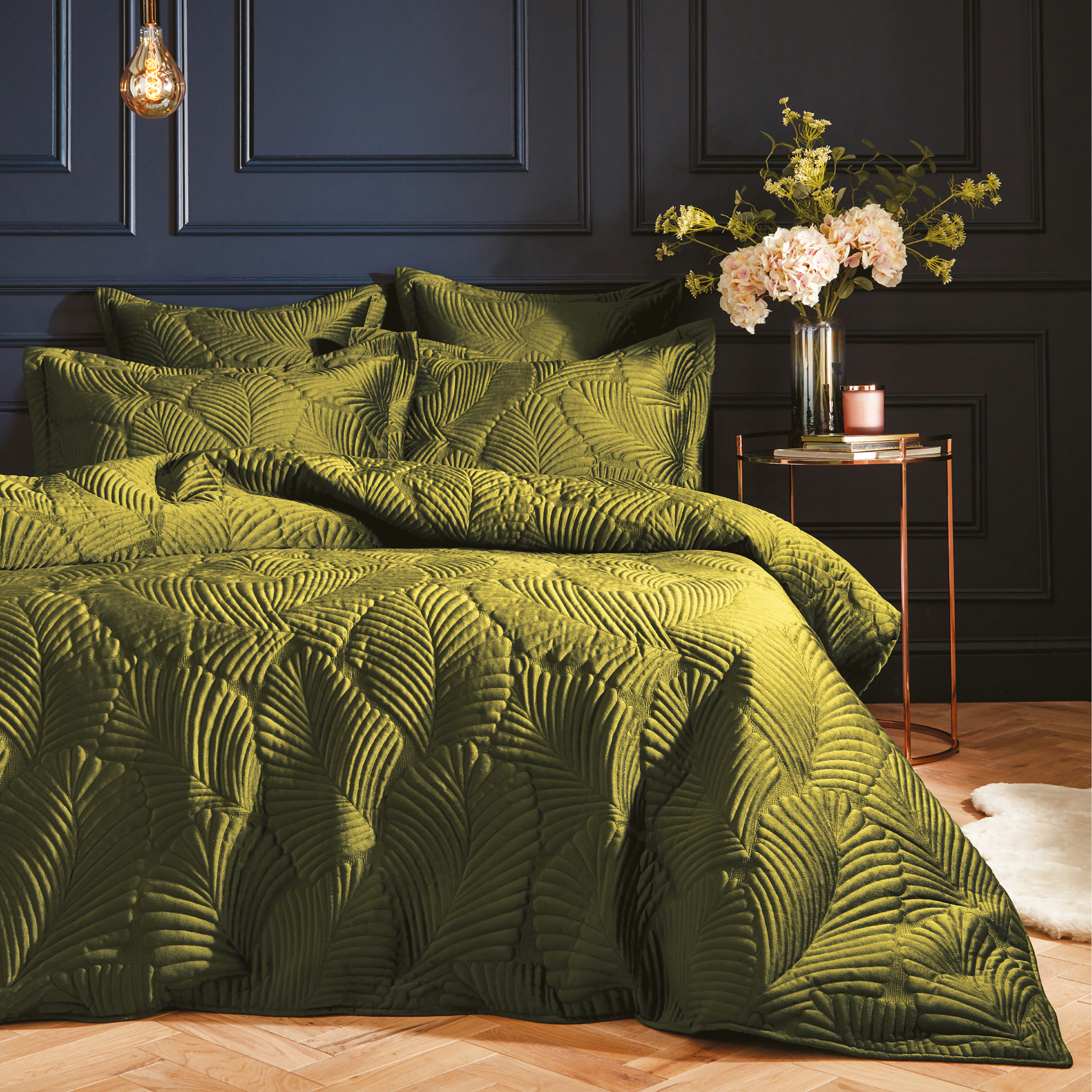 Paoletti Palmeria Quilted Velvet Duvet Cover Set - Green - Size Single | Paoletti Sale | Discount Designer Brands