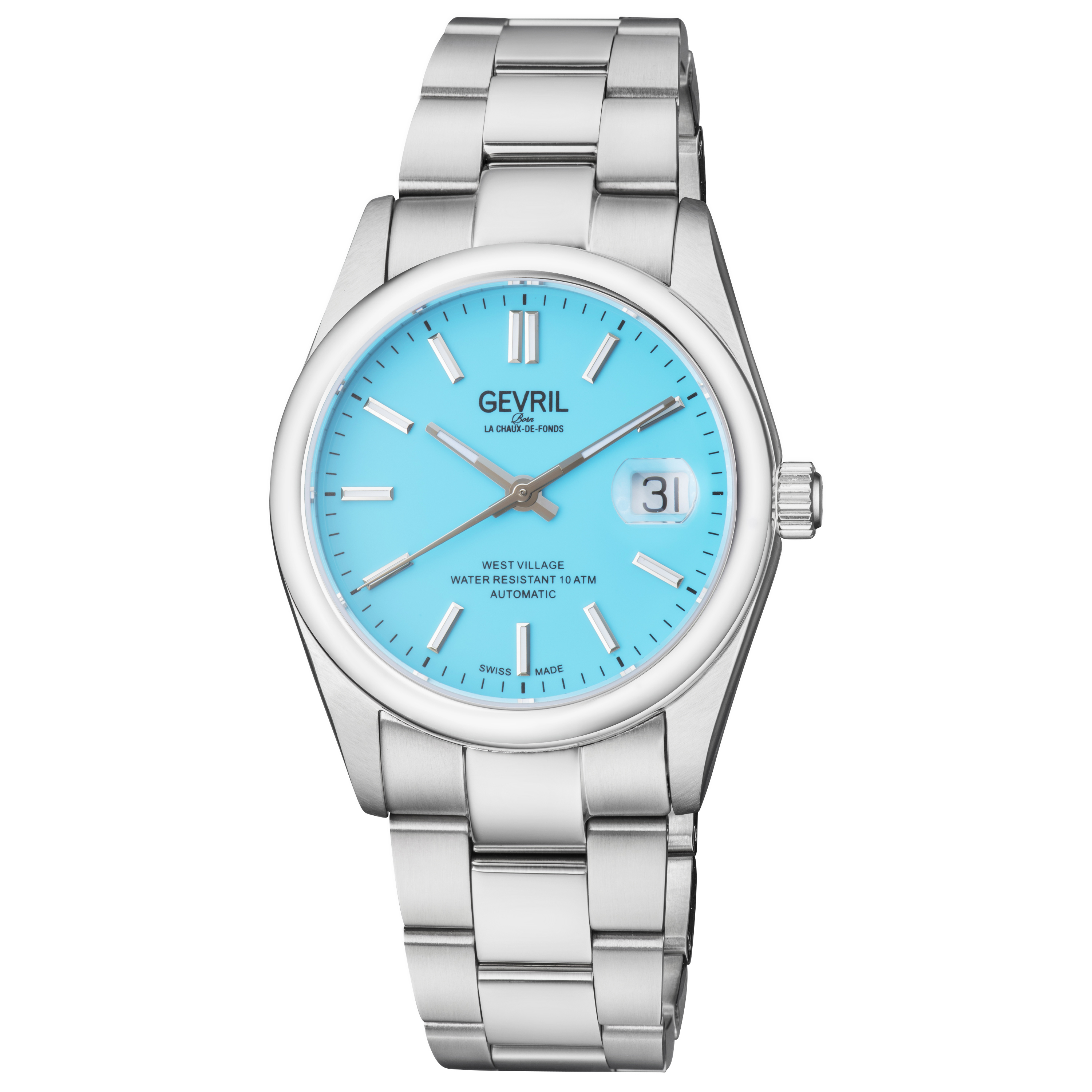 Gevril Mens Automatic West Village Swiss Sellita SW200 Aqua Dial Stainless Steel Bracelet - Blue - One Size | Gevril Sale | Discount Designer Brands