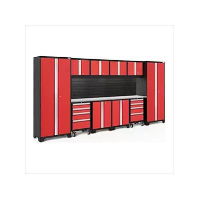 NewAge Garage Cabinets BOLD Series Red 12-Piece Set with Stainless Steel Top, Backsplash, LED Lights