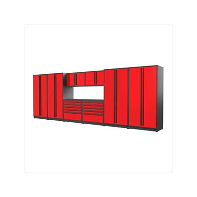 Proslat Garage Cabinets 9-Piece Glossy Red Cabinet Set with Black Handles and Powder Coated Worktop