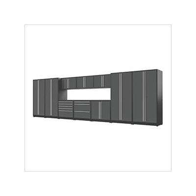 Proslat Garage Cabinets 12-Piece Glossy Grey Cabinet Set with Silver Handles and Powder Coated Worktop