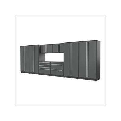 Proslat Garage Cabinets 9-Piece Glossy Grey Cabinet Set with Silver Handles and Stainless Steel Worktop