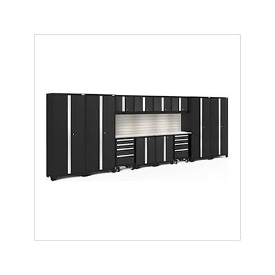 NewAge Garage Cabinets BOLD Series Black 14-Piece Set with Stainless Top, Backsplash, LED Lights