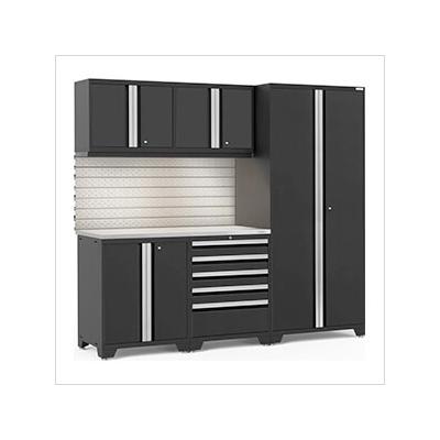 NewAge Garage Cabinets PRO Series Black 6-Piece Set with Stainless Steel Top, Slatwall and LED Lights
