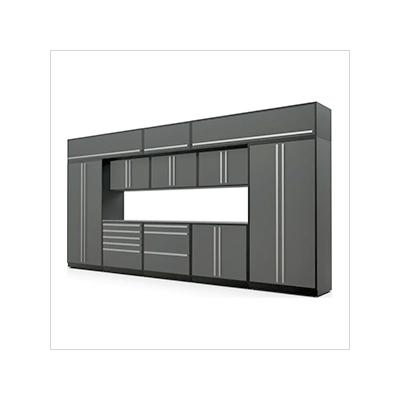 Proslat Garage Cabinets 13-Piece Glossy Grey Cabinet Set with Silver Handles and Stainless Steel Worktop