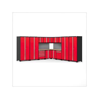 NewAge Garage Cabinets PRO Series Red 16-Piece Corner Set with Bamboo Tops and Slatwall