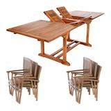 All Things Cedar 7-Piece Twin Butterfly Extension Table Stacking Chair Set with Blue Cushions