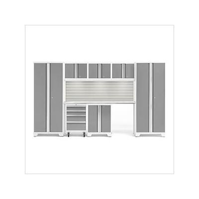 NewAge Garage Cabinets BOLD Series Platinum 8-Piece Set with Stainless Top, Backsplash, LED Lights