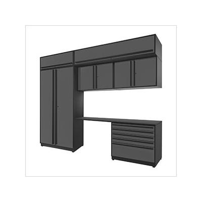 Proslat Garage Cabinets 7-Piece Glossy Grey Cabinet Set with Black Handles and Powder Coated Worktop