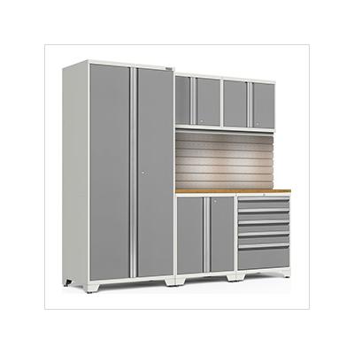 NewAge Garage Cabinets PRO Series Platinum 6-Piece Set with Bamboo Top, Slatwall and Lights