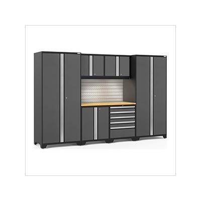 NewAge Garage Cabinets PRO Series Grey 7-Piece Set with Bamboo Top, Slatwall and LED Lights