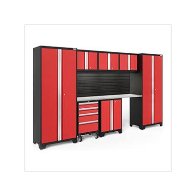 NewAge Garage Cabinets BOLD Series Red 8-Piece Set with Stainless Top, Backsplash, LED Lights
