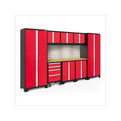 NewAge Garage Cabinets BOLD Series Red 9-Piece Set with Bamboo Top, Backsplash and LED Lights