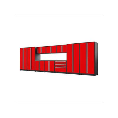 Proslat Garage Cabinets 12-Piece Glossy Red Cabinet Set with Silver Handles and Stainless Steel Worktop