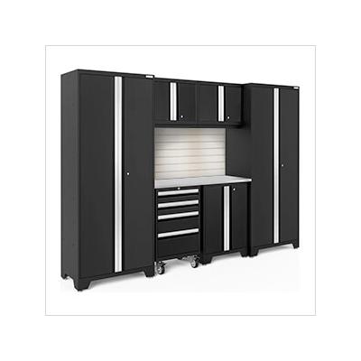 NewAge Garage Cabinets BOLD Series Black 7-Piece Set with Stainless Top, Backsplash, LED Lights