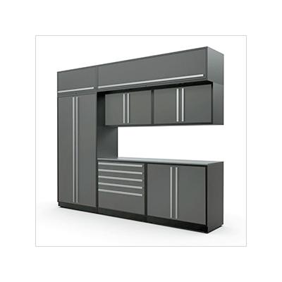 Proslat Garage Cabinets 8-Piece Glossy Grey Cabinet Set with Silver Handles and Stainless Steel Worktop