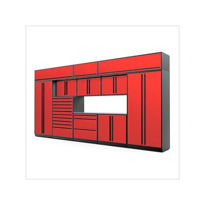 Proslat Garage Cabinets 12-Piece Glossy Red Cabinet Set with Black Handles and Stainless Steel Worktop