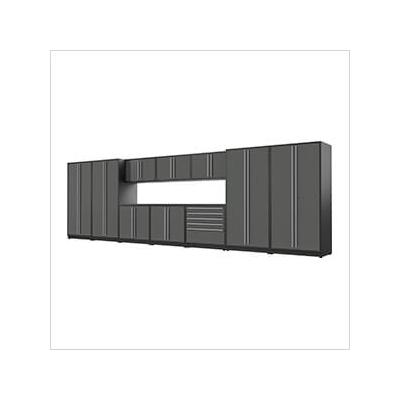 Proslat Garage Cabinets 12-Piece Glossy Grey Cabinet Set with Silver Handles and Powder Coated Worktop