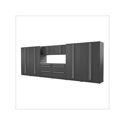 Proslat Garage Cabinets 9-Piece Mat Black Cabinet Set with Silver Handles and Stainless Steel Worktop