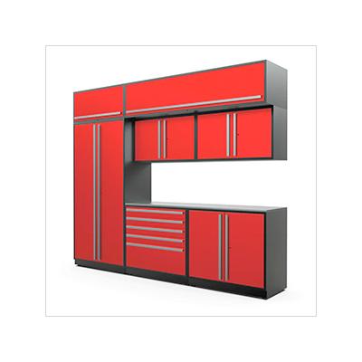 Proslat Garage Cabinets 8-Piece Glossy Red Cabinet Set with Silver Handles and Stainless Steel Worktop