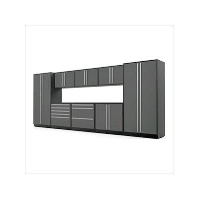 Proslat Garage Cabinets 10-Piece Glossy Grey Cabinet Set with Silver Handles and Powder Coated Worktop
