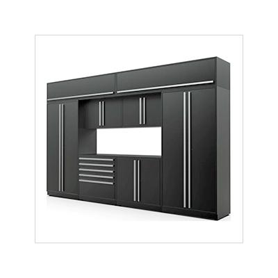Proslat Garage Cabinets 9-Piece Mat Black Cabinet Set with Silver Handles and Powder Coated Worktop
