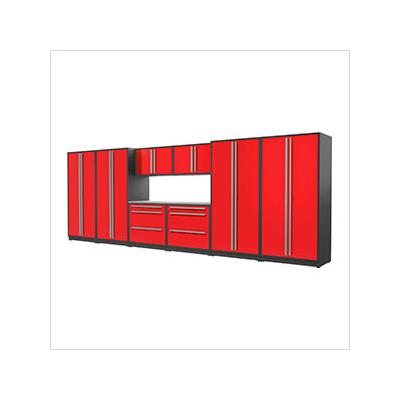 Proslat Garage Cabinets 9-Piece Glossy Red Cabinet Set with Silver Handles and Stainless Steel Worktop