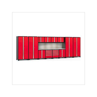 NewAge Garage Cabinets PRO Series Red 14-Piece Set with Stainless Steel Tops, Slatwall and LED Lights