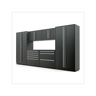 Proslat Garage Cabinets 7-Piece Mat Black Cabinet Set with Silver Handles and Powder Coated Worktop