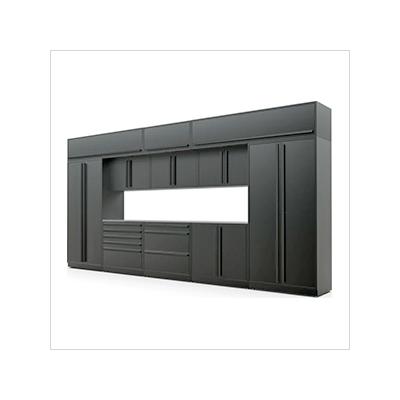 Proslat Garage Cabinets 13-Piece Mat Black Cabinet Set with Black Handles and Stainless Steel Worktop