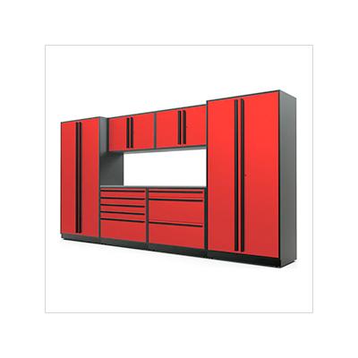 Proslat Garage Cabinets 7-Piece Glossy Red Cabinet Set with Black Handles and Stainless Steel Worktop