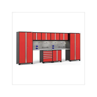 NewAge Garage Cabinets PRO Series Red 10-Piece Set with Stainless Top, Slatwall Hook Kit and LEDs