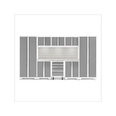 NewAge Garage Cabinets BOLD Series Platinum 9-Piece Set with Stainless Top, Backsplash, LED Lights