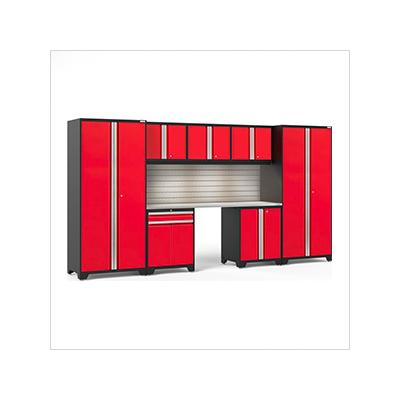 NewAge Garage Cabinets PRO Series Red 8-Piece Set with Stainless Steel Top, Slatwall and LED Lights