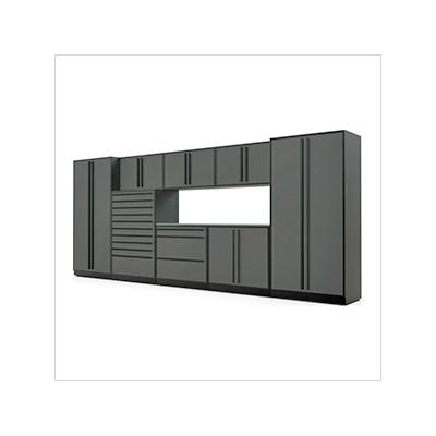 Proslat Garage Cabinets 9-Piece Glossy Grey Cabinet Set with Black Handles and Stainless Steel Worktop