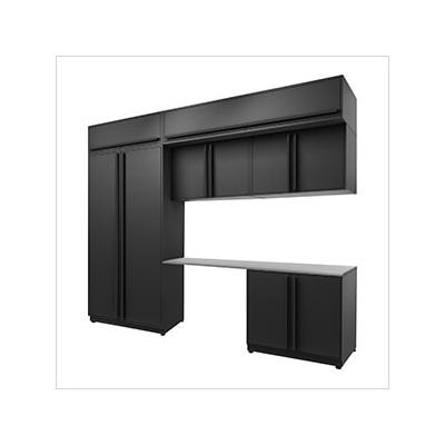 Proslat Garage Cabinets 7-Piece Mat Black Cabinet Set with Black Handles and Stainless Steel Worktop