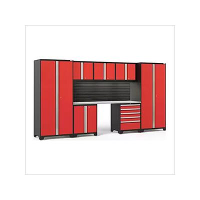 NewAge Garage Cabinets PRO Series Red 8-Piece Set with Stainless Steel Top, Slatwall and LED Lights