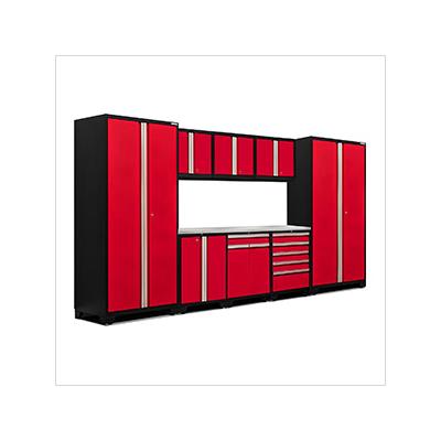 NewAge Garage Cabinets PRO Series Red 9-Piece Set with Stainless Steel Top and LED Lighting