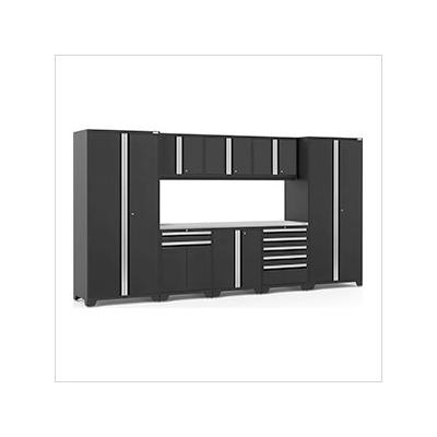 NewAge Garage Cabinets PRO Series Black 9-Piece Set with Stainless Steel Top and LED Lights
