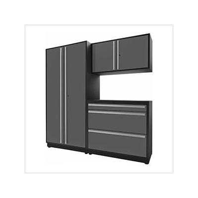 Proslat Garage Cabinets 4-Piece Glossy Grey Cabinet Set with Silver Handles and Powder Coated Worktop