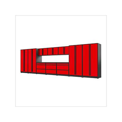 Proslat Garage Cabinets 12-Piece Glossy Red Cabinet Set with Black Handles and Powder Coated Worktop