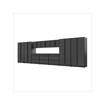 Proslat Garage Cabinets 12-Piece Glossy Grey Cabinet Set with Black Handles and Powder Coated Worktop