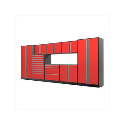Proslat Garage Cabinets 9-Piece Glossy Red Cabinet Set with Silver Handles and Stainless Steel Worktop