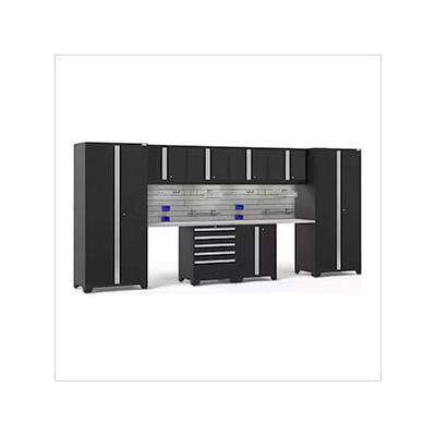 NewAge Garage Cabinets PRO Series Black 10-Piece Set with Stainless Top, Slatwall Hook Kit and LEDs
