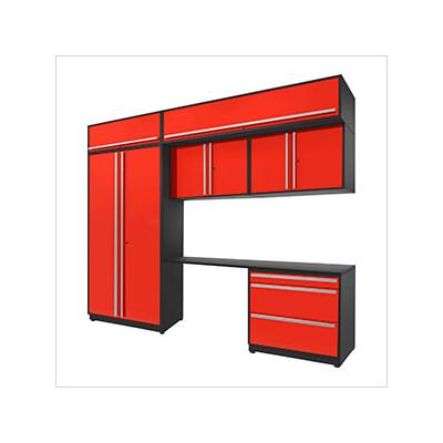 Proslat Garage Cabinets 7-Piece Glossy Red Cabinet Set with Silver Handles and Powder Coated Worktop