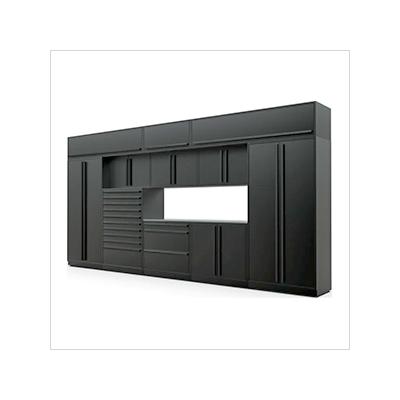 Proslat Garage Cabinets 12-Piece Mat Black Cabinet Set with Black Handles and Stainless Steel Worktop