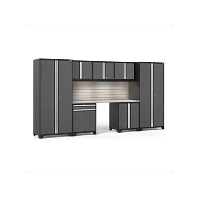NewAge Garage Cabinets PRO Series Grey 8-Piece Set with Stainless Steel Top, Slatwall and LED Lights