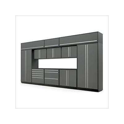 Proslat Garage Cabinets 13-Piece Glossy Grey Cabinet Set with Silver Handles and Powder Coated Worktop